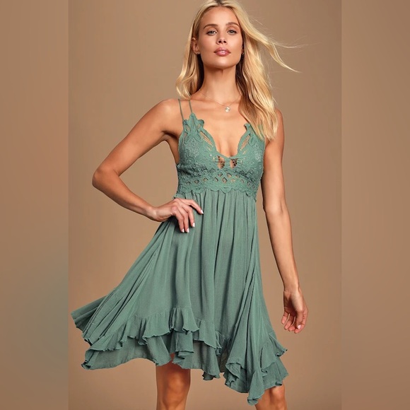 Free People Dresses & Skirts - Free People Adella Slip Sage Blue Lace ruffle Teal Lace Mini Dress